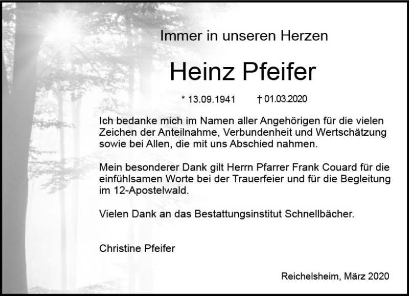  Traueranzeige für Heinz Pfeifer vom 04.04.2020 aus vrm-trauer
