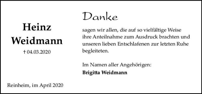  Traueranzeige für Heinz Weidmann vom 04.04.2020 aus vrm-trauer