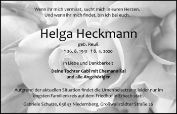 Traueranzeige von Helga Heckmann von vrm-trauer