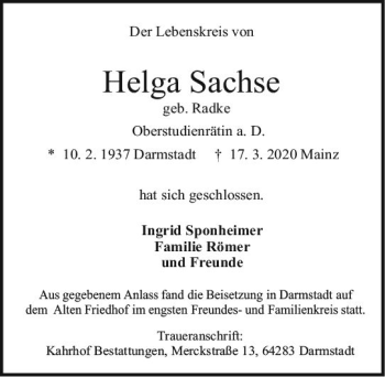 Traueranzeige von Helga Sachse von vrm-trauer