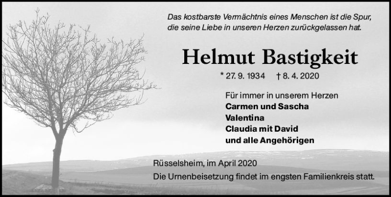  Traueranzeige für Helmut Bastigkeit vom 18.04.2020 aus vrm-trauer