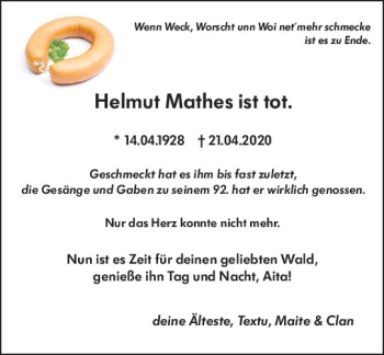 Traueranzeige von Helmut Mathes von vrm-trauer