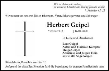 Traueranzeige von Herbert Geipel von vrm-trauer