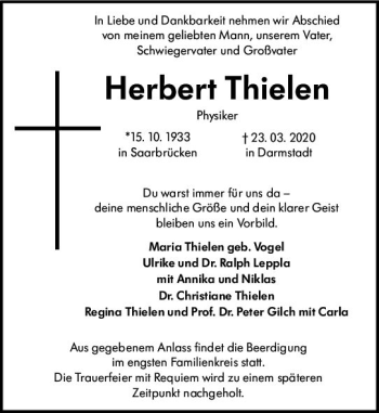Traueranzeige von Herbert Thielen von vrm-trauer