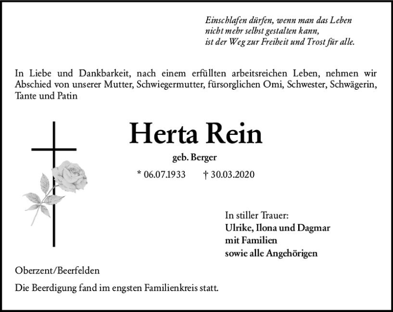  Traueranzeige für Herta Rein vom 04.04.2020 aus vrm-trauer