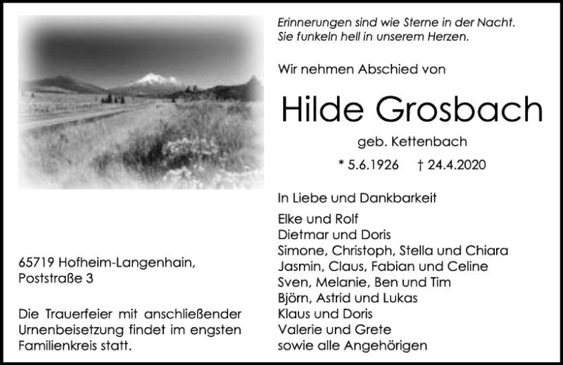  Traueranzeige für Hilde Grosbach vom 30.04.2020 aus vrm-trauer