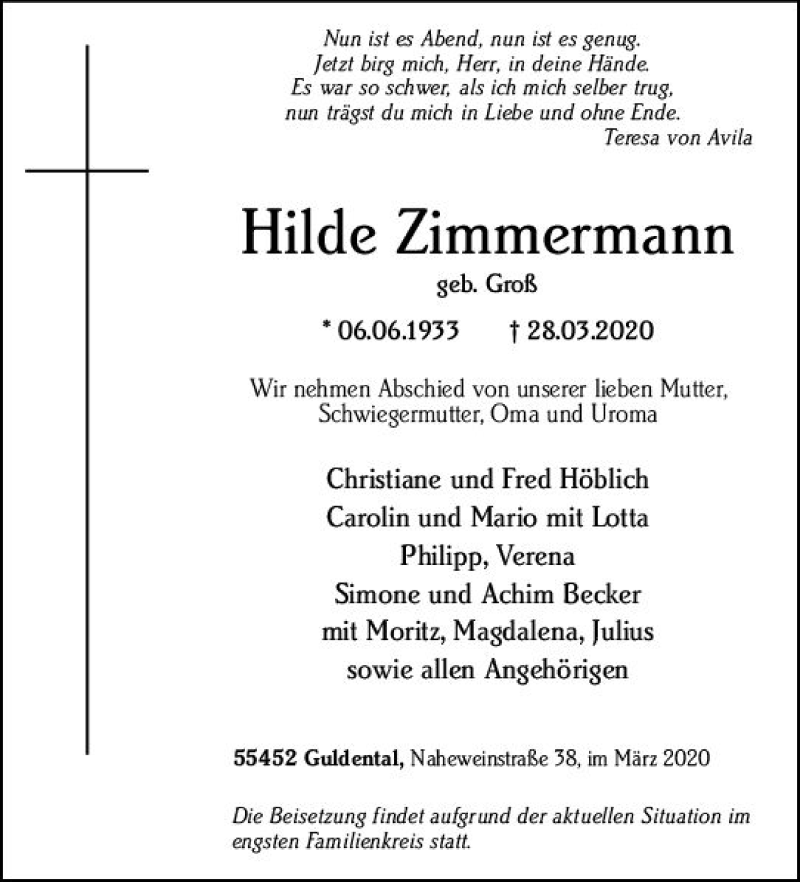  Traueranzeige für Hilde Zimmermann vom 02.04.2020 aus vrm-trauer