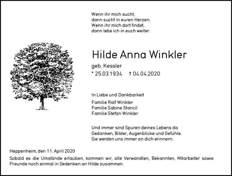  Traueranzeige für Hilde Anna Winkler vom 11.04.2020 aus vrm-trauer