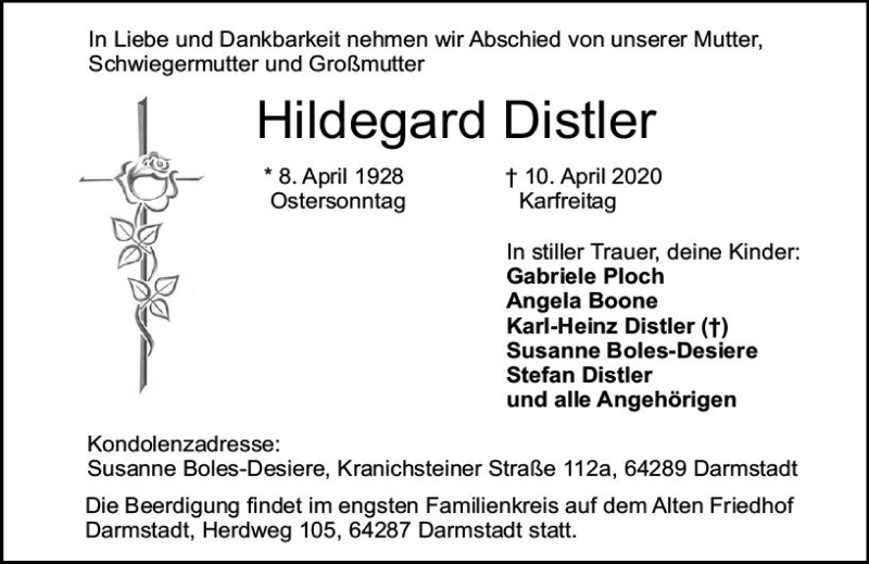  Traueranzeige für Hildegard Distler vom 18.04.2020 aus vrm-trauer