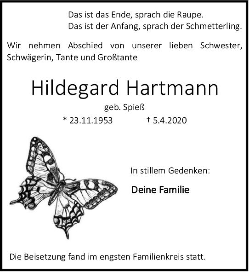  Traueranzeige für Hildegard Hartmann vom 18.04.2020 aus vrm-trauer