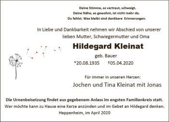 Traueranzeige von Hildegard Kleinat von vrm-trauer