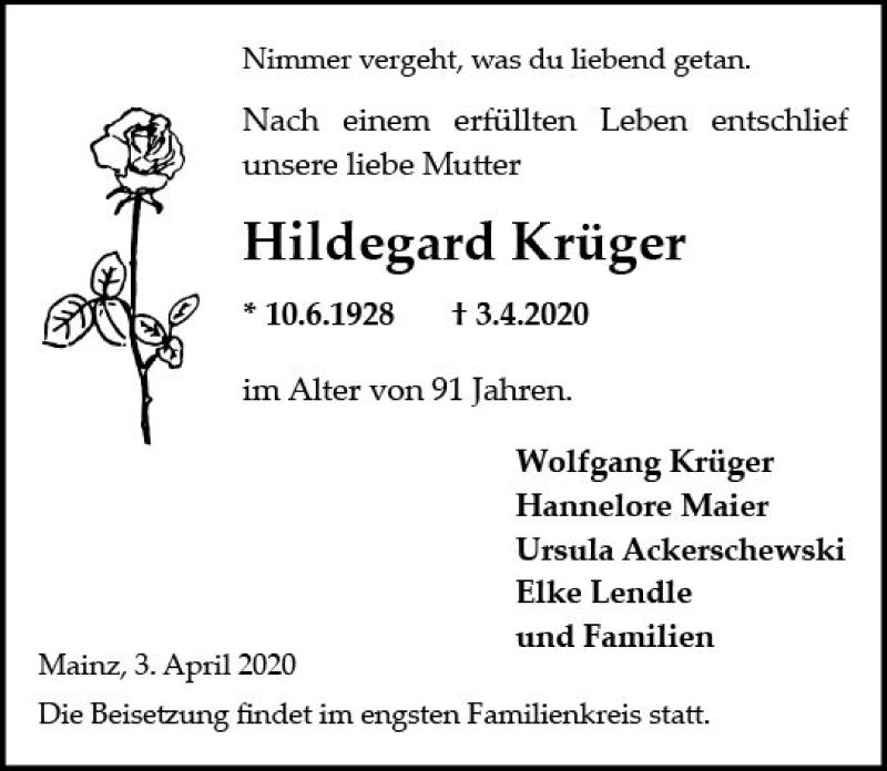  Traueranzeige für Hildegard Krüger vom 11.04.2020 aus vrm-trauer