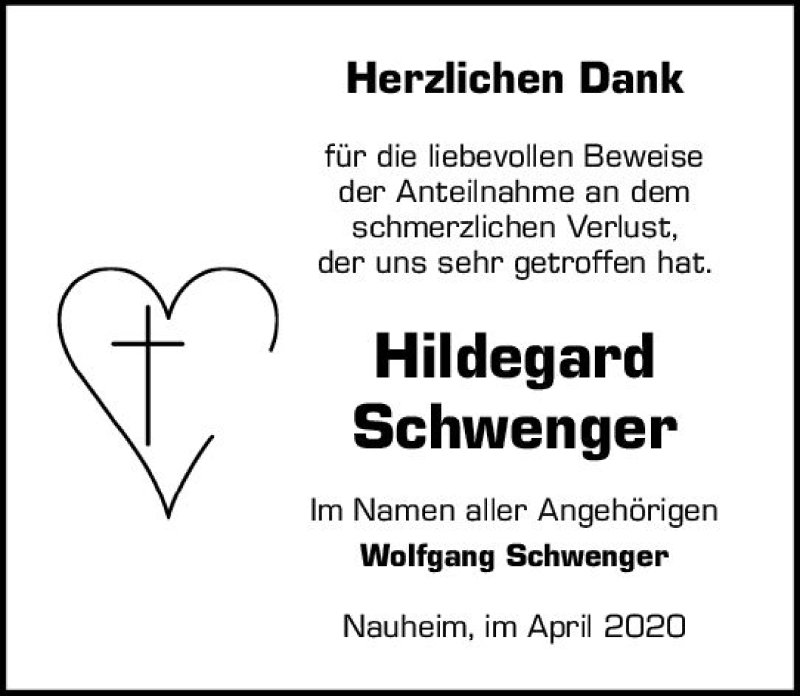  Traueranzeige für Hildegard Schwenger vom 25.04.2020 aus vrm-trauer