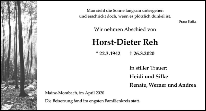  Traueranzeige für Horst-Dieter Reh vom 11.04.2020 aus vrm-trauer