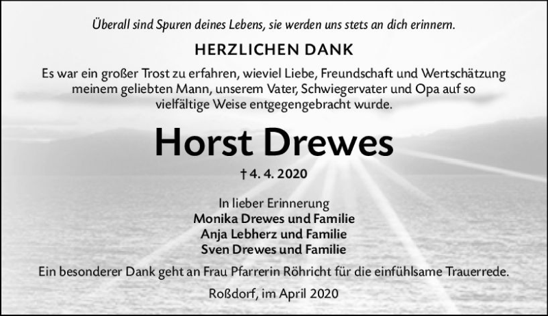  Traueranzeige für Horst Drewes vom 25.04.2020 aus vrm-trauer