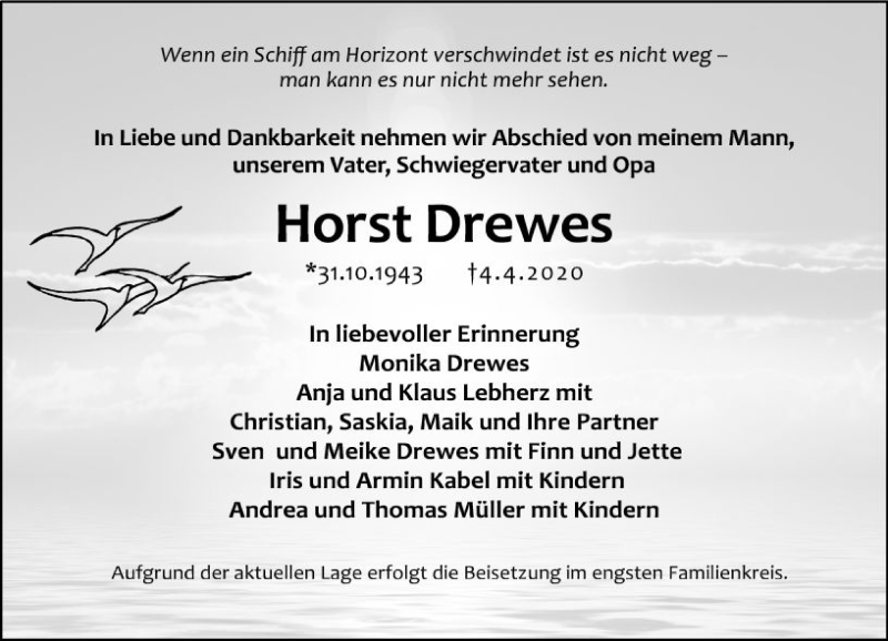  Traueranzeige für Horst Drewes vom 11.04.2020 aus vrm-trauer