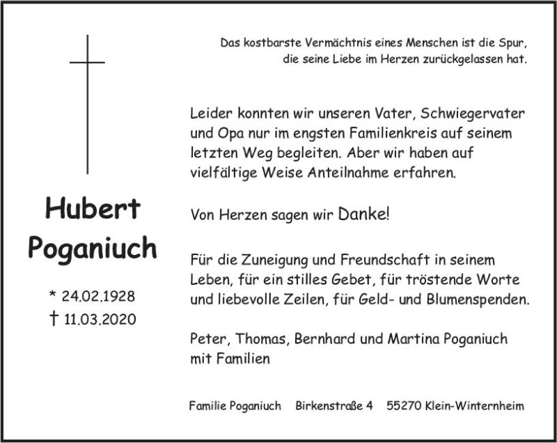  Traueranzeige für Hubert Poganiuch vom 11.04.2020 aus vrm-trauer