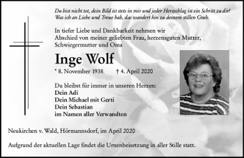 Traueranzeige von Inge Wolf von vrm-trauer