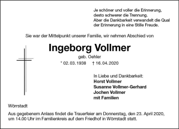Traueranzeige von Ingeborg Vollmer von vrm-trauer