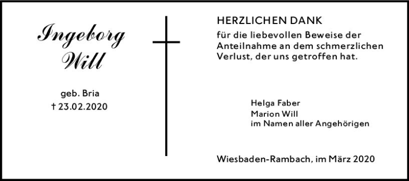  Traueranzeige für Ingeborg Will vom 28.03.2020 aus vrm-trauer