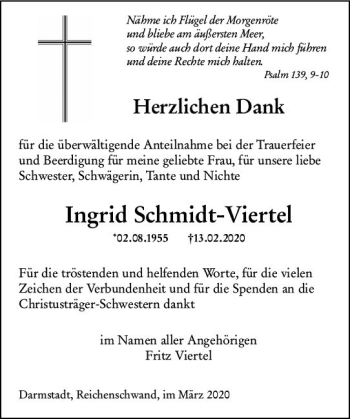 Traueranzeige von Ingrid Schmidt-Viertel von vrm-trauer