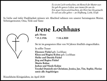 Traueranzeige von Irene Lochhaas von vrm-trauer