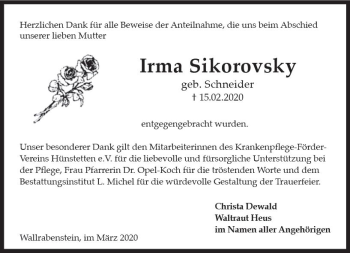 Traueranzeige von Irma Sikorovsky von vrm-trauer