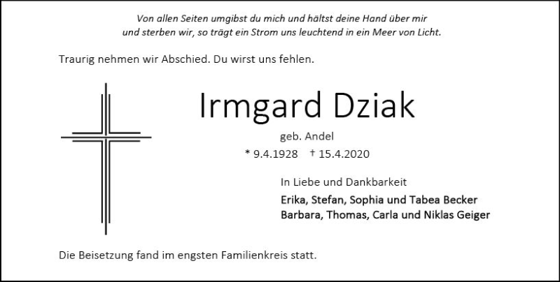  Traueranzeige für Irmgard Dziak vom 25.04.2020 aus vrm-trauer