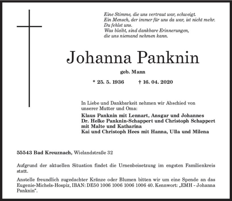 Traueranzeige für Johanna Panknin vom 25.04.2020 aus vrm-trauer