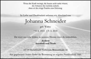 Traueranzeige von Johanna Schneider von vrm-trauer