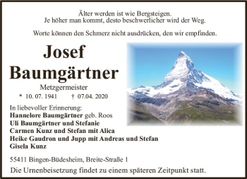 Traueranzeige von Josef Baumgärtner von vrm-trauer