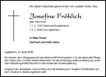 Traueranzeige von Josefine Fröhlich von vrm-trauer