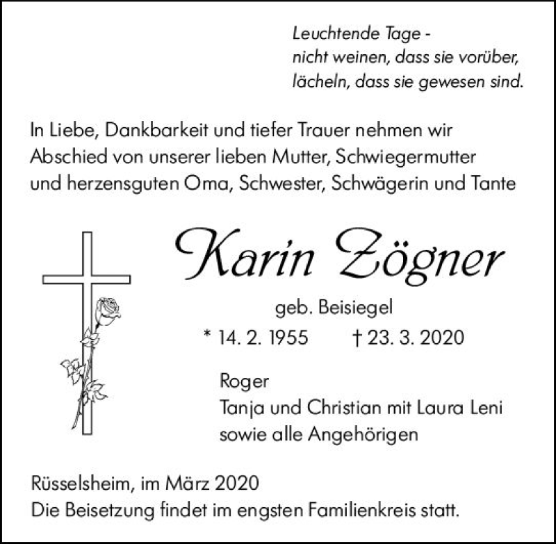  Traueranzeige für Karin Zögner vom 28.03.2020 aus vrm-trauer
