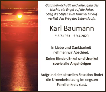 Traueranzeige von Karl Baumann von vrm-trauer
