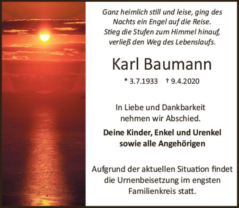  Traueranzeige für Karl Baumann vom 25.04.2020 aus vrm-trauer