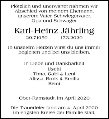 Traueranzeige von Karl-Heinz Jährling von vrm-trauer