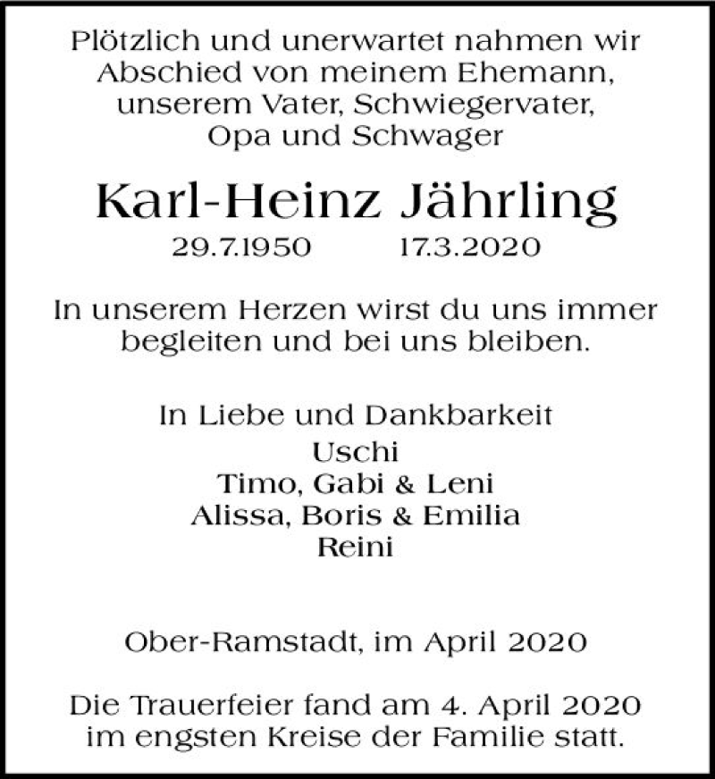  Traueranzeige für Karl-Heinz Jährling vom 11.04.2020 aus vrm-trauer