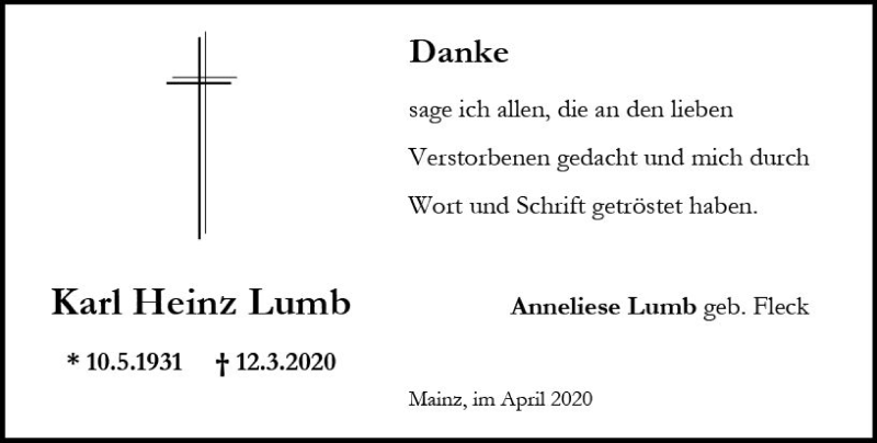  Traueranzeige für Karl-Heinz Lumb vom 04.04.2020 aus vrm-trauer