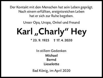 Traueranzeige von Karl Hey von vrm-trauer