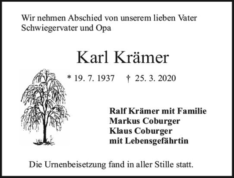  Traueranzeige für Karl Krämer vom 11.04.2020 aus vrm-trauer