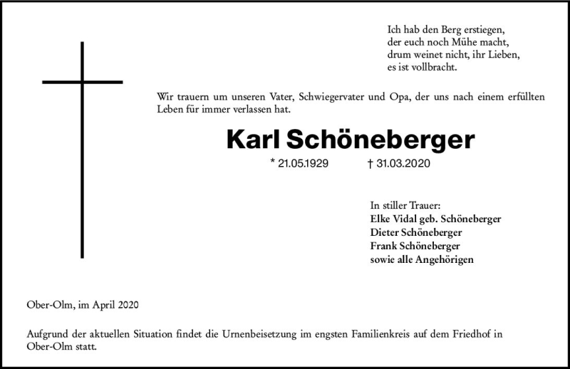  Traueranzeige für Karl Schöneberger vom 04.04.2020 aus vrm-trauer