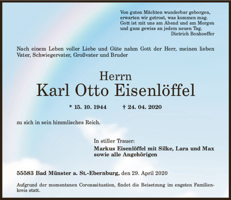  Traueranzeige für Karl Otto Eisenlöffel vom 29.04.2020 aus vrm-trauer