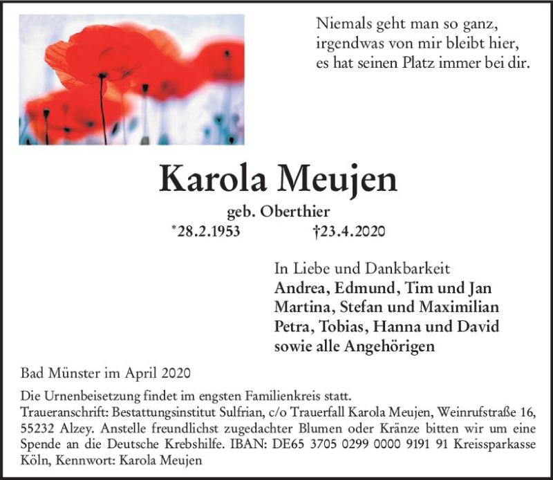  Traueranzeige für Karola Meujen vom 28.04.2020 aus vrm-trauer