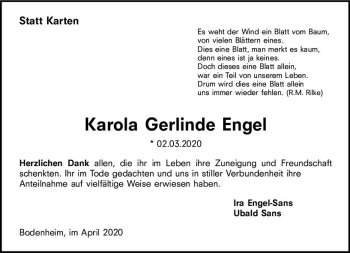 Traueranzeige von Karola Gerlinde Engel von vrm-trauer