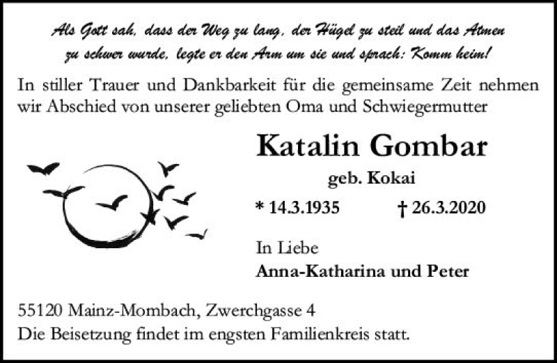 Traueranzeige für Katalin Gornbar vom 04.04.2020 aus vrm-trauer