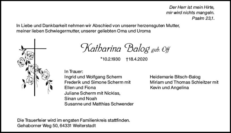  Traueranzeige für Katharina Balog vom 25.04.2020 aus vrm-trauer