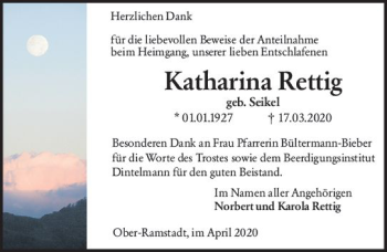 Traueranzeige von Katharina Rettig von vrm-trauer