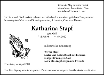 Traueranzeige von Katharina Stapf von vrm-trauer