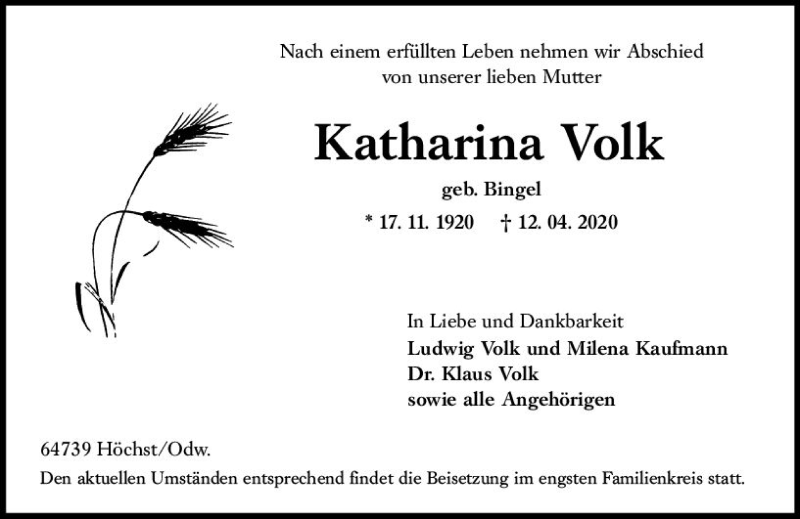  Traueranzeige für Katharina Volk vom 18.04.2020 aus vrm-trauer