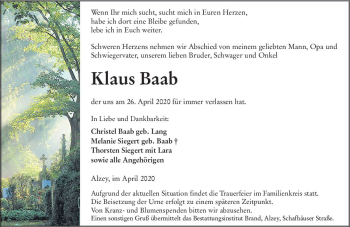 Traueranzeige von Klaus Baab von vrm-trauer